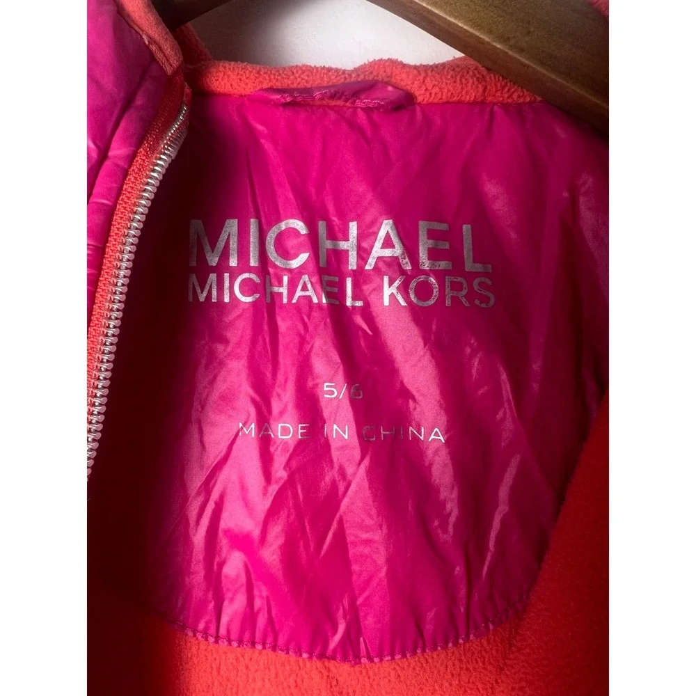 Michael Kors Quilted Puffer Jacket Kids Sz 5/6 Pink Hooded Ruffle Hem